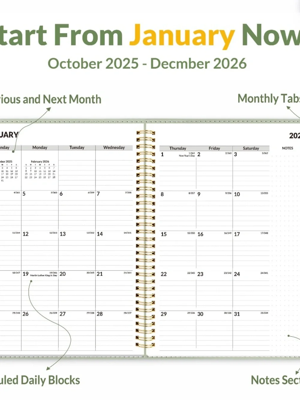'26 Weekly/Monthly Cal/Planner, Vegan Leather, Bookmark, Tabs, Sage (ASIN-VDF5)